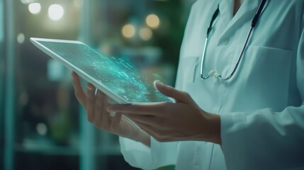 Aufkleber - Medical Professional Using Futuristic Digital Tablet Technology Healthcare Innovation Patient Treatment Doctor Analyzing Virtual Data Interface Medical Technology Advancements Modern H : Generative AI