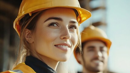 Aufkleber - Caucasian engineer in hardhats discussing on construction site Engineer and female foreman worker team checking project at precast concrete factory site : Generative AI