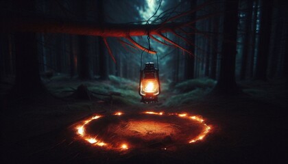 A lantern hanging from a tree branch in a dark forest, fire glowing in the circle like magic