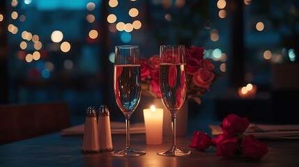 Poster - Candlelight date in restaurant Champagne glasses bouquet flowers Romantic dinner setup at night Table setting for couple Valentines Day evening burning candles for surprise marriage pr : Generative AI