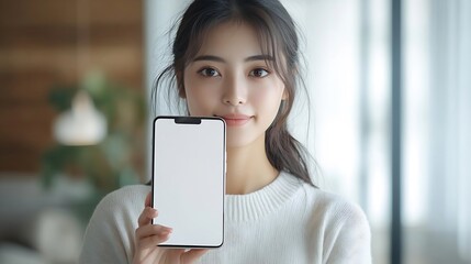 Aufkleber - beautiful Asian young woman showing big smart phone with blank screen  white screen empty copy space for advertising banner isolated on white background  Mock Up Image : Generative AI