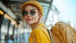 © Generative AI - Conception of tourism Passenger woman that is in yellow clothes and sunglasses : Generative AI