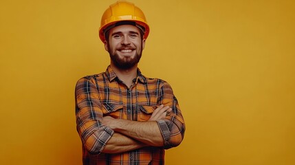 Aufkleber - Happy young repairman wearing helmet standing crossed arms looking at camera isolated on yellow Work protection construction safety concept : Generative AI