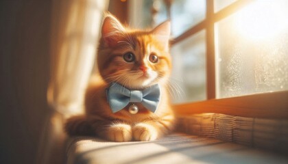 an orange kitten with blue ribbon seat beside windows