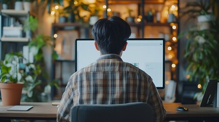 Poster - Rear view of young man sitting at his workspace and using smartphone Blank screen for graphics display montage : Generative AI