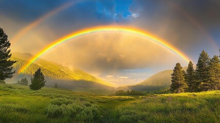 Wall Mural - Wide-angle view of a double rainbow stretching across a lush valley, with mist from a recent summer rain adding to the serene atmosphere.