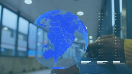 Poster - Blue globe and data visualization animation over person using smartphone in modern setting