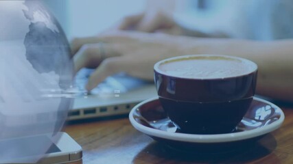 Aufkleber - Typing on laptop with coffee cup on table, globe animation over scene