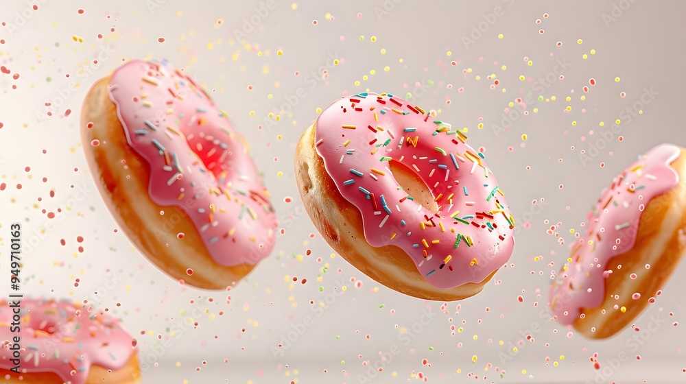 Donut glazed with pink icing and sprinkles floating in air on a ...