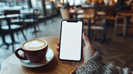 Poster - Woman's hand holding a smartphone with a white screen, a cup of coffee beside it on a trendy table in a stylish cafe