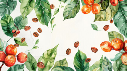 Wall Mural - Watercolor pattern Coffee beans, and leaves for vibrant and summery design