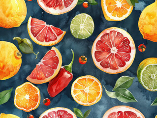 Wall Mural - Watercolor pattern mix fruit, and leaves for vibrant and summery design