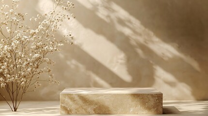 Fototapete - Luxury Brown stone marble pedestal Podium decoration with dried flower Over Beige Background elegant backdrop product showcases and sophisticated designs for Skin care and cosmetic Exh : Generative AI