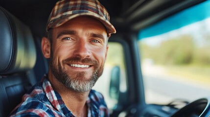 Happy professional truck driver driving his truck and looking at camera Copy space : Generative AI