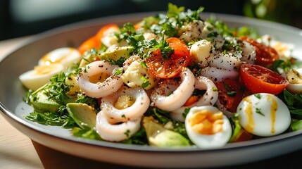 Poster - Healthy salad with squid and avocado on white plate with harsh shadows Calamari salad with vegetables and eggs on white background with shadows of leaves Summer food menu : Generative AI