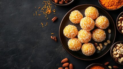 Top view of Indian sweets, laddu and pedha