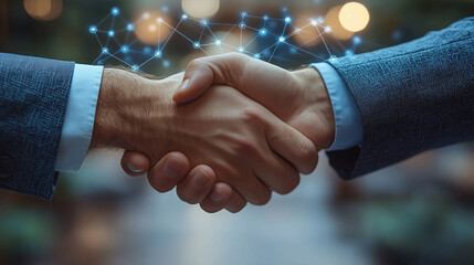 Wall Mural - Professional businessman in Suits Shaking Hands After a Successful Interview in a Bright Office Setting with White Background and Big Data Blue Connections, Captured with Canon