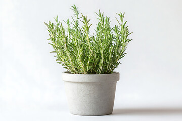 A potted rosemary plant with vibrant green leaves.