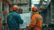 © Generative AI - Engineer and foreman worker team with blueprints checking project at the precast concrete factory site Engineer and builders in hardhats discussing on construction site : Generative AI