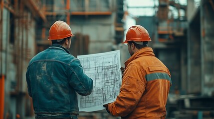 Aufkleber - Engineer and foreman worker team with blueprints checking project at the precast concrete factory site Engineer and builders in hardhats discussing on construction site : Generative AI