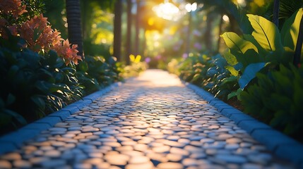 Poster - Empty street at the nice and comfortable garden at the morning with lovely beautiful sky : Generative AI