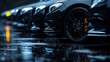© Generative AI - Black sedan cars standing in a row Fleet of generic modern cars Transportation Luxury car fleet consisting of generic brandless design isolated in dark background after rain wet surfac : Generative AI