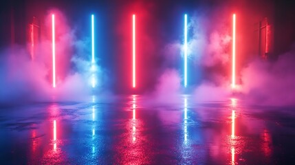 Poster - Empty background scene Dark street reflection on wet asphalt Rays of neon colorful light in the dark neon figures smoke Background of empty stage show Abstract dark and neon light back : Generative AI