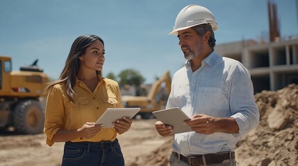 Poster - Hispanic Female Inspector Talking to Caucasian Male Land Development Manager With Tablet On Construction Site Of Real Estate Project Excavators Preparing For Laying Building Foundation : Generative AI