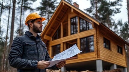 Poster - Worker building wooden twostory house near the forest Man in work clothes and hard hat reviewing the construction plan The aim is to implement modern environmentallyfriendly constructi : Generative AI