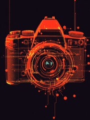 Wall Mural - A stylized illustration of a camera with vibrant red and abstract elements.