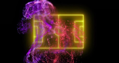 Poster - Glowing soccer field animation over vibrant purple and red abstract background