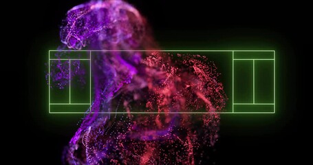 Poster - Neon green rectangles animation over abstract purple and red particle background