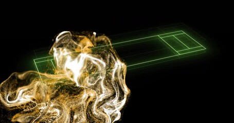 Poster - Abstract golden fluid shapes animation over green digital grid on black background