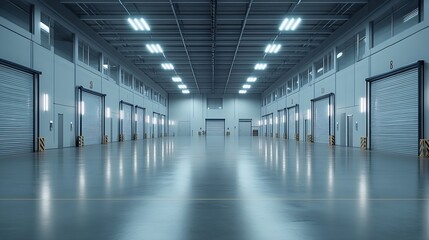 Aufkleber - Panorama of empty room of modern storehouse with gates and selfleveling floor : Generative AI