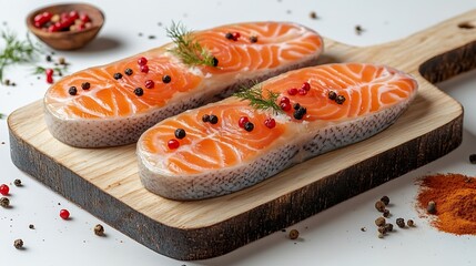 Poster - Wooden board with raw salmon steaks and different spices on white background : Generative AI