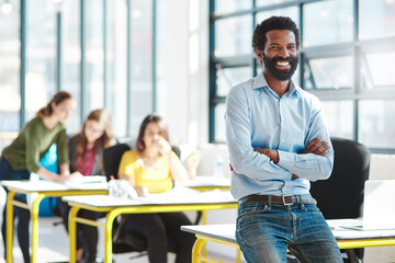 Poster - Businessman, portrait and office on desk, smile and staff for web design, arms crossed and happy. Man, management and startup creative agency for UX employee, workshop and company workforce goal