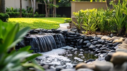 Poster - Landscape design in home garden beautiful landscaping with small pond and waterfall Landscaped place with stones and water at country : Generative AI