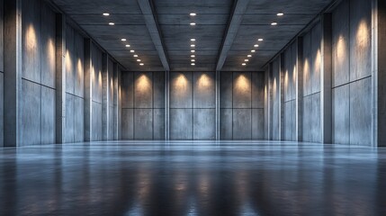 Poster - empty interior of large concrete room as warehouse or hangar with spotlights : Generative AI
