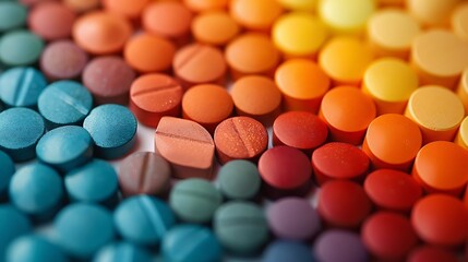 A neatly arranged gradient of pills from light to dark shades, vivid colors, sharp focus, bright lighting, crisp details, hd quality, natural look. --ar 16:9 --v 6.0 --s 250 --style raw