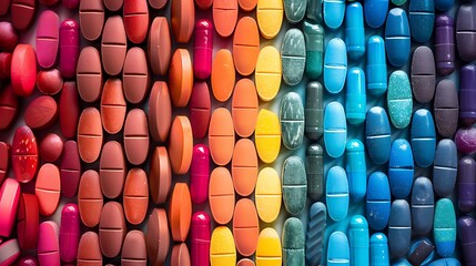 A spectrum of pills arranged in a gradient from light to dark, vivid colors, orderly composition, sharp focus, bright lighting, hd quality, natural look. --ar 16:9 --v 6.0 --s 250 --style raw