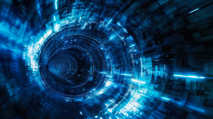 Wall Mural - Dynamic blue digital tunnel visualizing data flow through a futuristic network environment