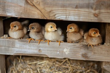 Baby chickens nestle in rustic wooden coop, brown, white feathers glistening. Sturdy structure provides safe for young birds, unique personalities as stand tall sit comfortably on ground.