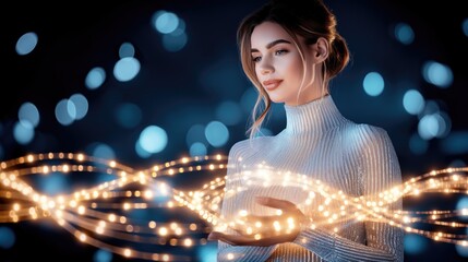 Enchanting Woman Holding Sparkling Lights Against Bokeh Background