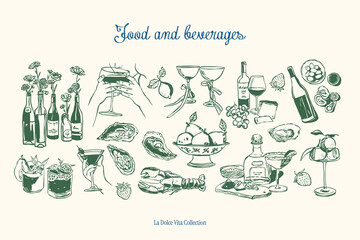 minimalist hand drawn food and beverages vector illustration collection. art for greeting cards, wed