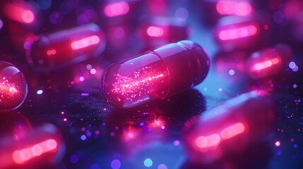 Bright neon-colored pills glowing in a dark setting, luminous colors, high contrast, sharp details, futuristic look, hd quality, natural look. --ar 16:9 --v 6.0 --s 250 --style raw