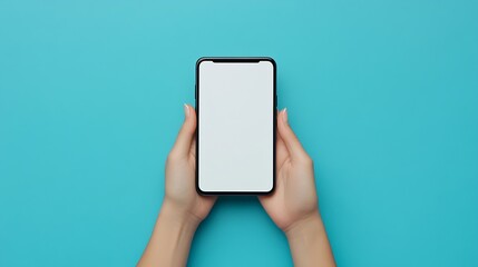Aufkleber - Female hands holding smartphone with mockup of blank screen on blue background : Generative AI