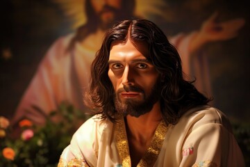 Portrait of Jesus Christ in a sacred setting. Christian icon on a simple background with a subtle glow. Spiritual leader, godly figure, holy man, faith symbol.