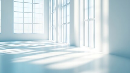 Leinwandbilder - Abstract White Studio Background for Product Presentation with Window Shadows and Sunlight Blurred Backdrop Empty Room With Copy Space : Generative AI