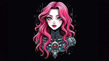 Wall Mural - A digital painting of a girl with pink hair on a black background, a girl dressed in a cyber suit. Cyberpunk.