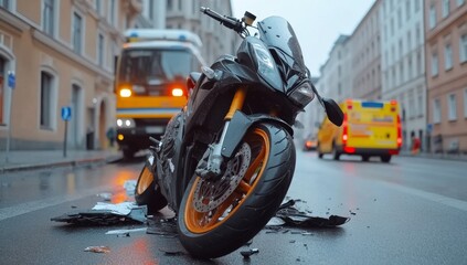 Close-up of a broken motorcycle on an empty street with emergency vehicles